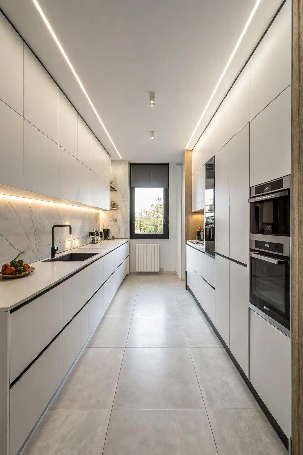 Simplistic design keeps a windowless kitchen feeling uncluttered.
