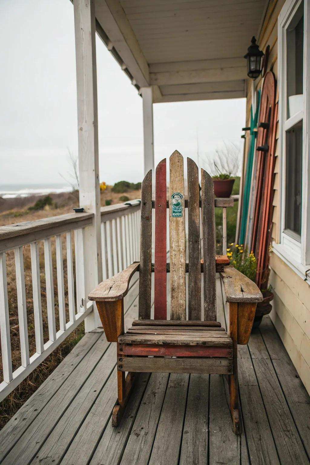 Sit back and relax in a seat crafted from vintage skis.