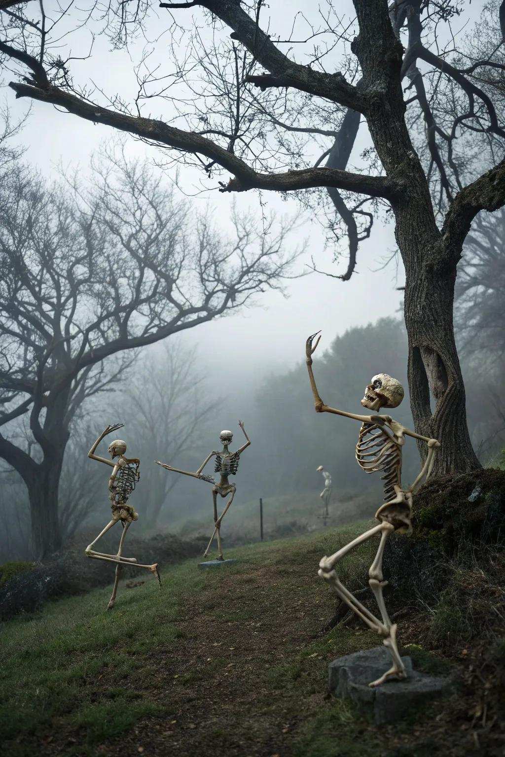 Skeletons caught mid-dance include a playful spookiness.