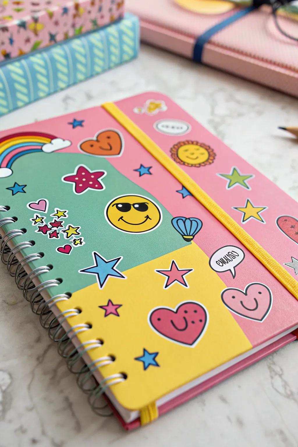 Sketch stickers breathing life into a notebook.