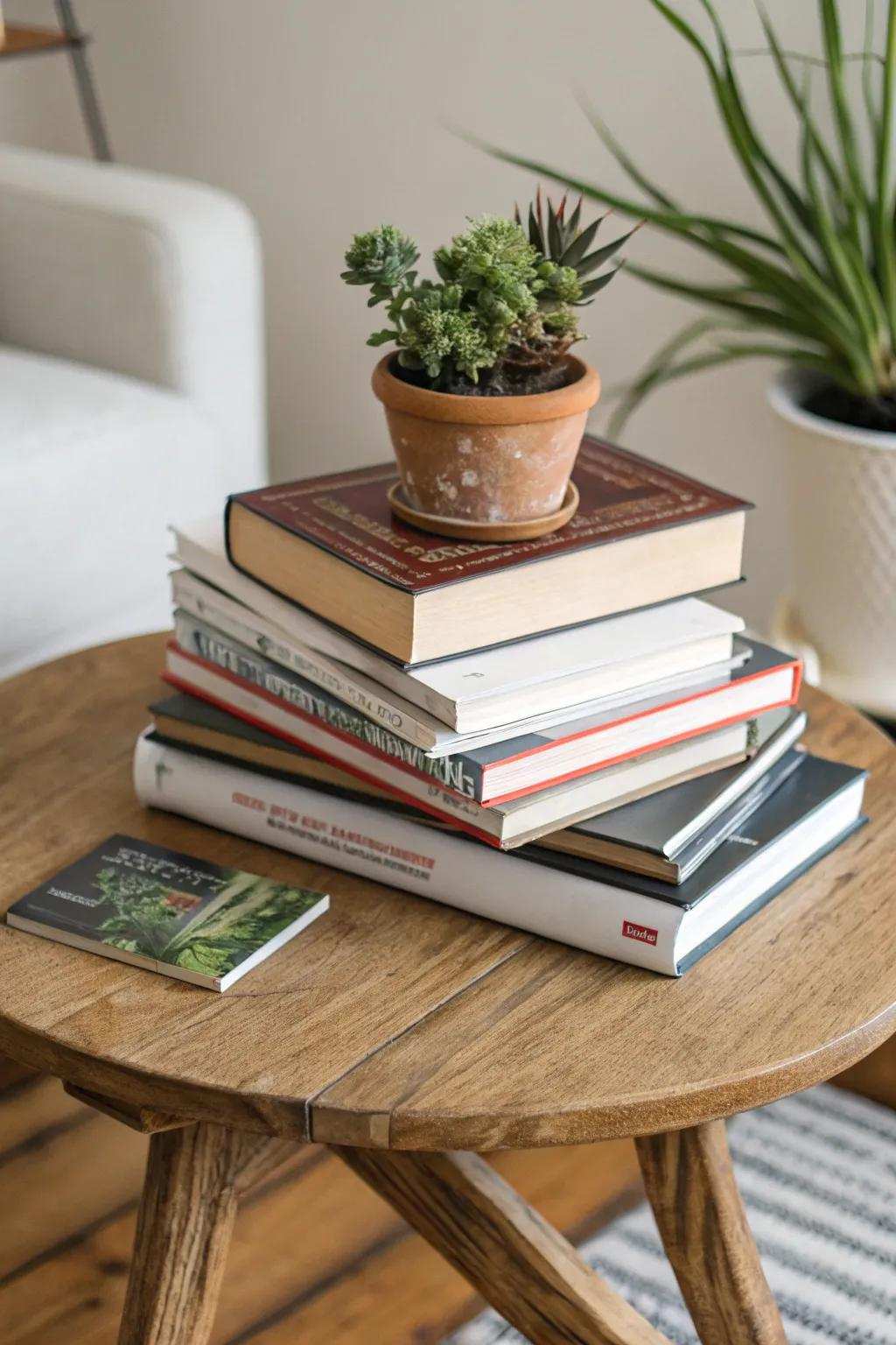 Skillfully arrange books of assorted sizes to attain a dynamic visual impression.
