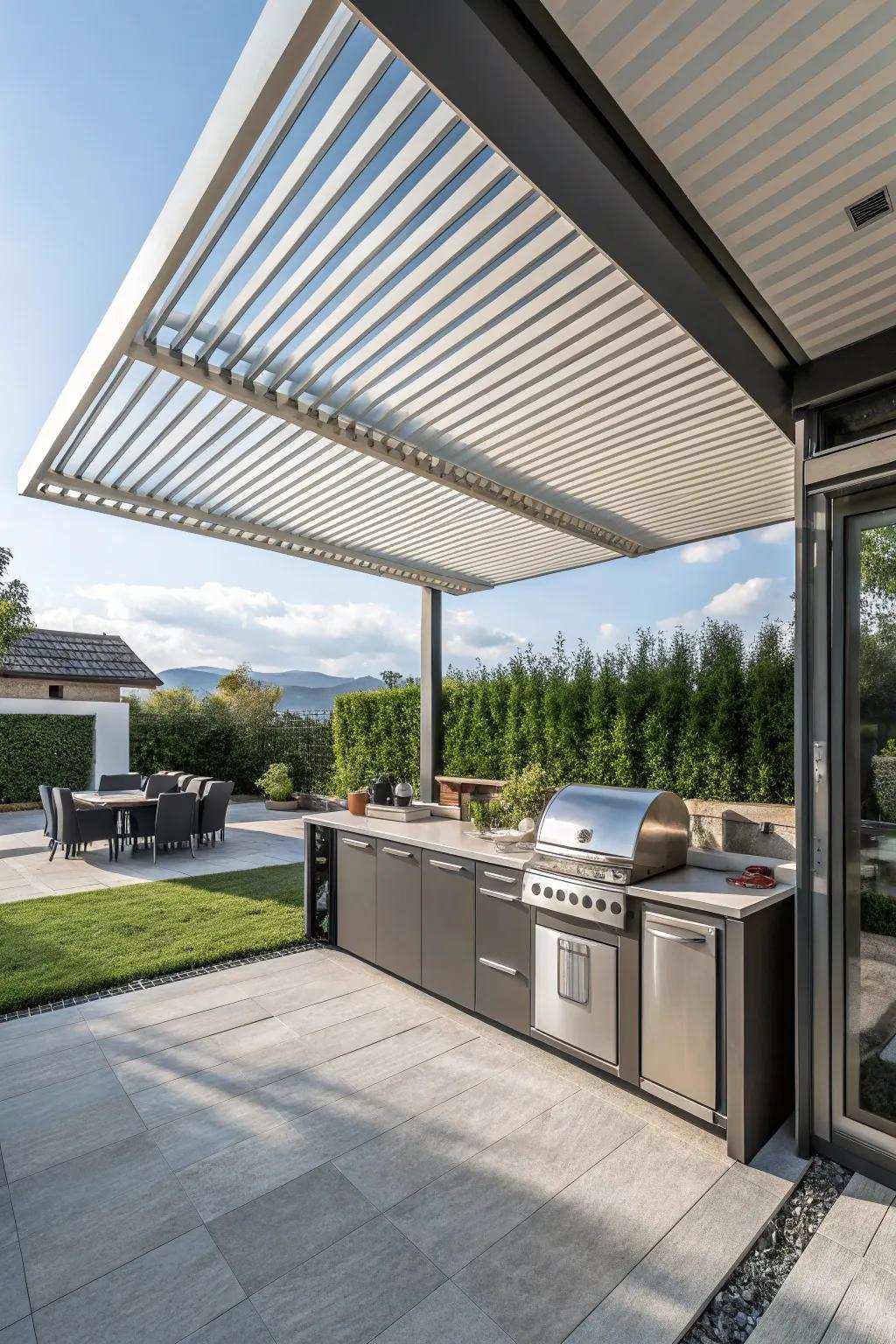 Slatted roofing provides adjustable shelter and airflow for your cooking area.