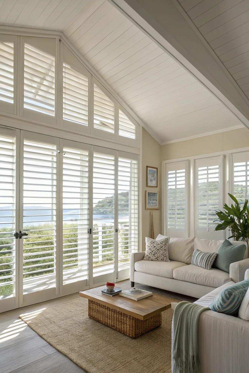 Slatted windows enhance ventilation and contribute a distinct aesthetic to this living space.
