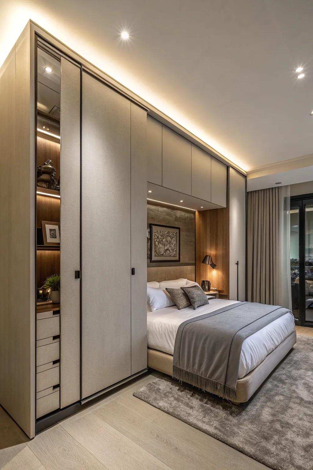 Sleek cupboard concealing a hidden bed