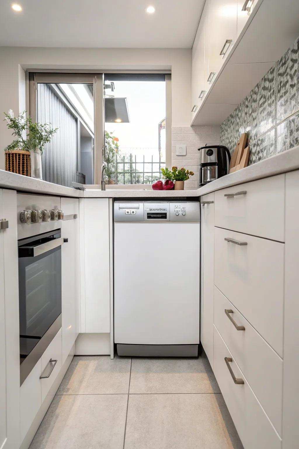 Slim dishwashing machine created to fit snugly in restricted areas.