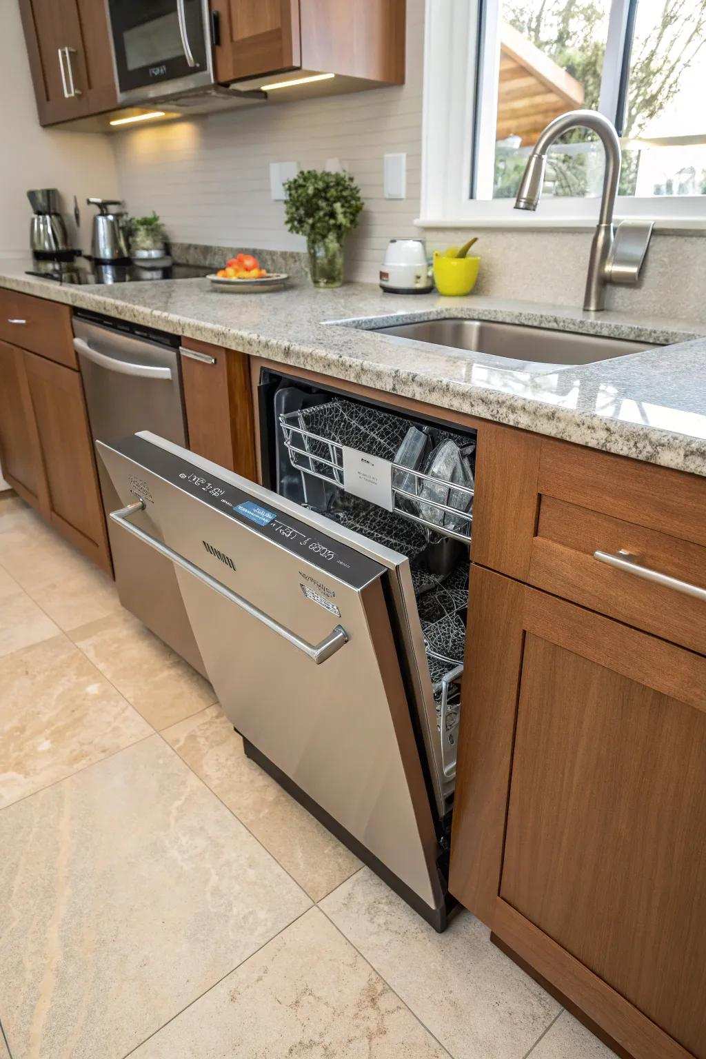 Small dishwashing machine drawer offering a versatile cooking area solution.