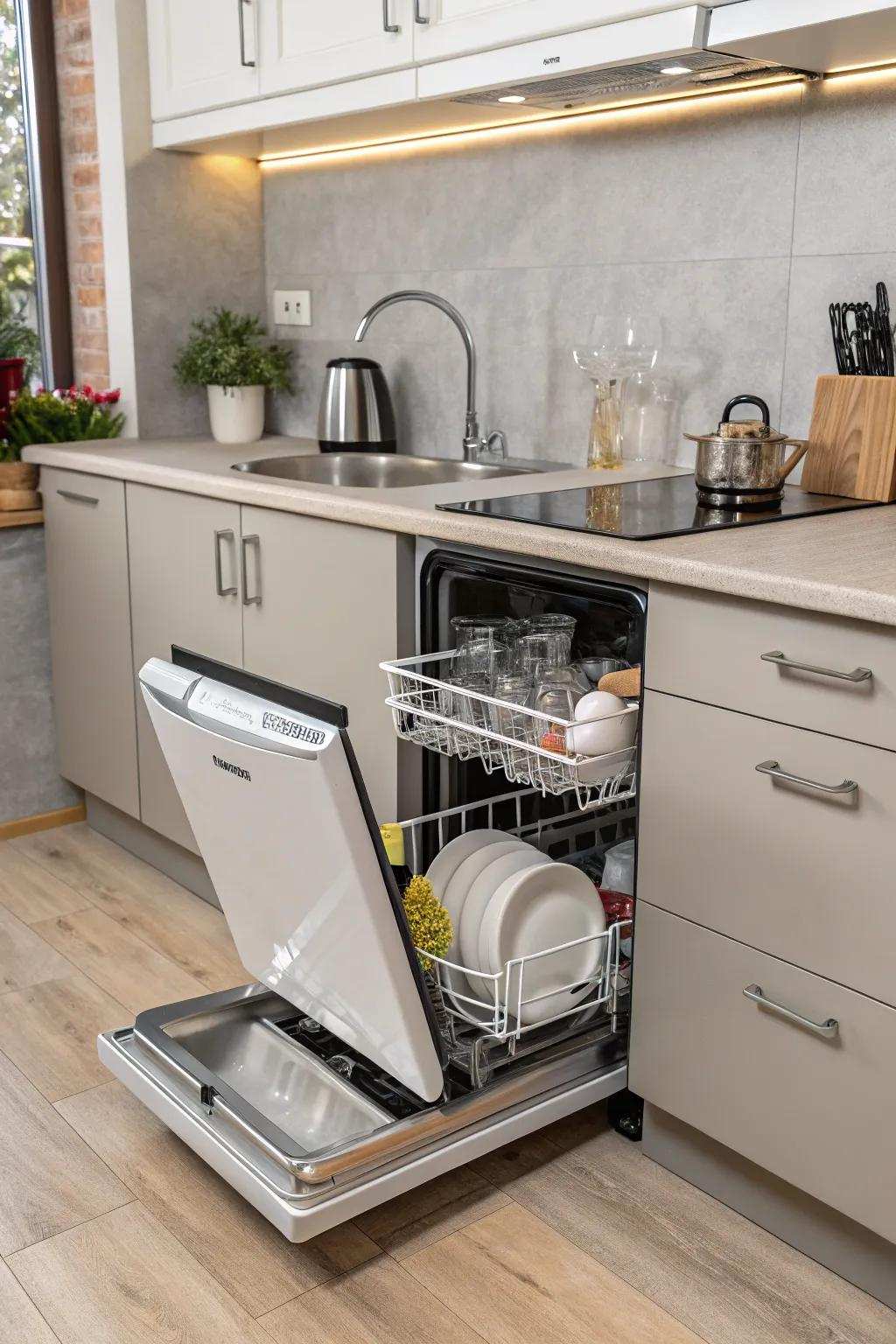 Small dishwashing machine nicely put under the sink.