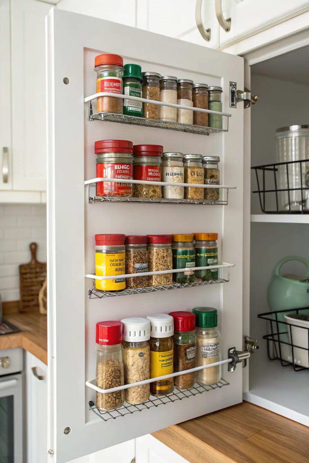 Smart door storage solutions for spices and small kitchen items.