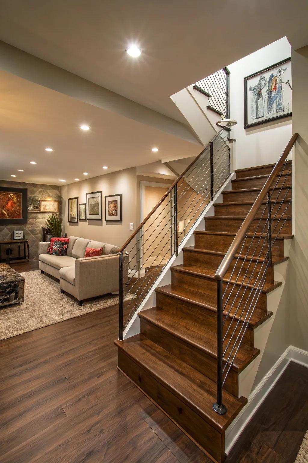 Smooth staircase integration enhances flow and style.