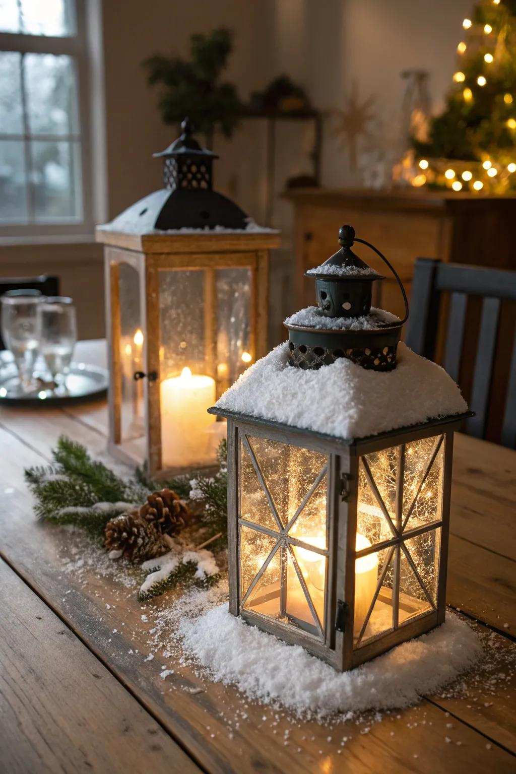 Snow-laden lanterns inject a spellbinding radiance into your decor.