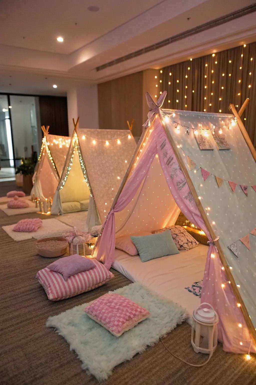 Snug spa canopies illuminated by enchanting lights, ideal for a magical slumber party.