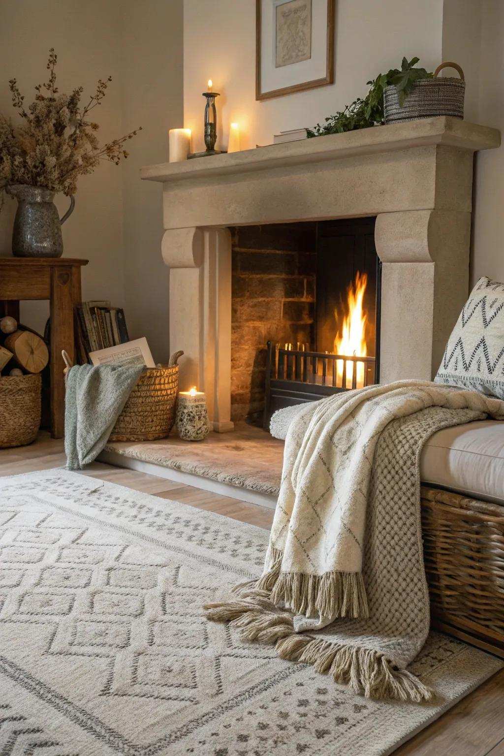 Soft accessories add comfort and warmth to the fireplace area.