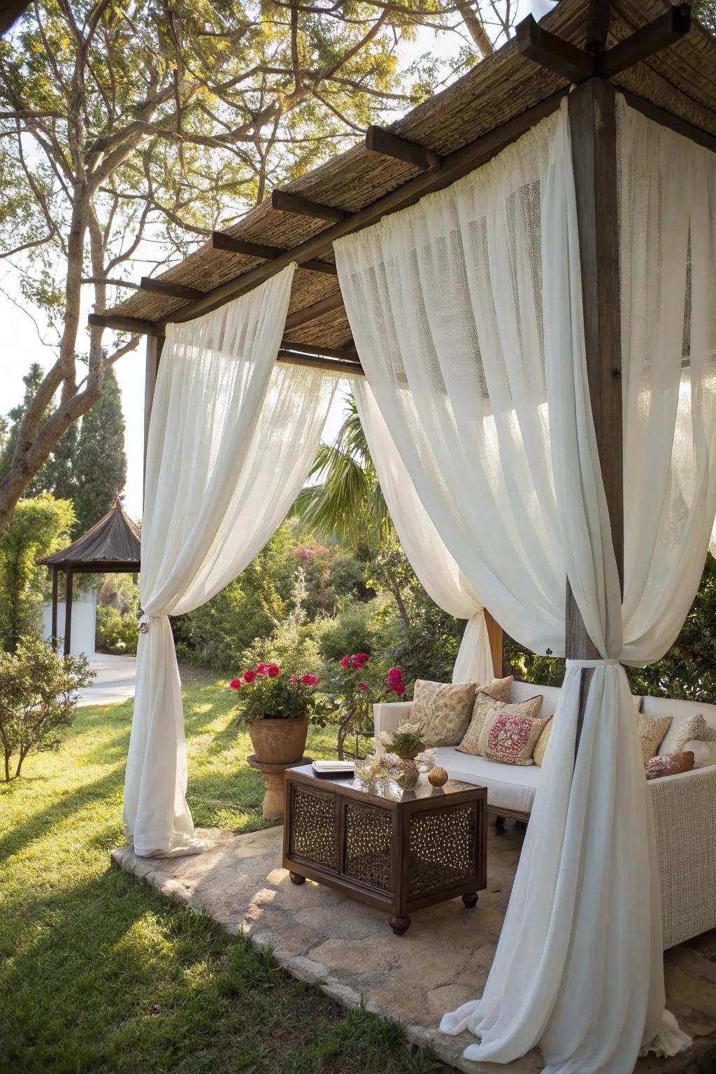 Soft drapes contribute elegance and privacy to your outdoor space.