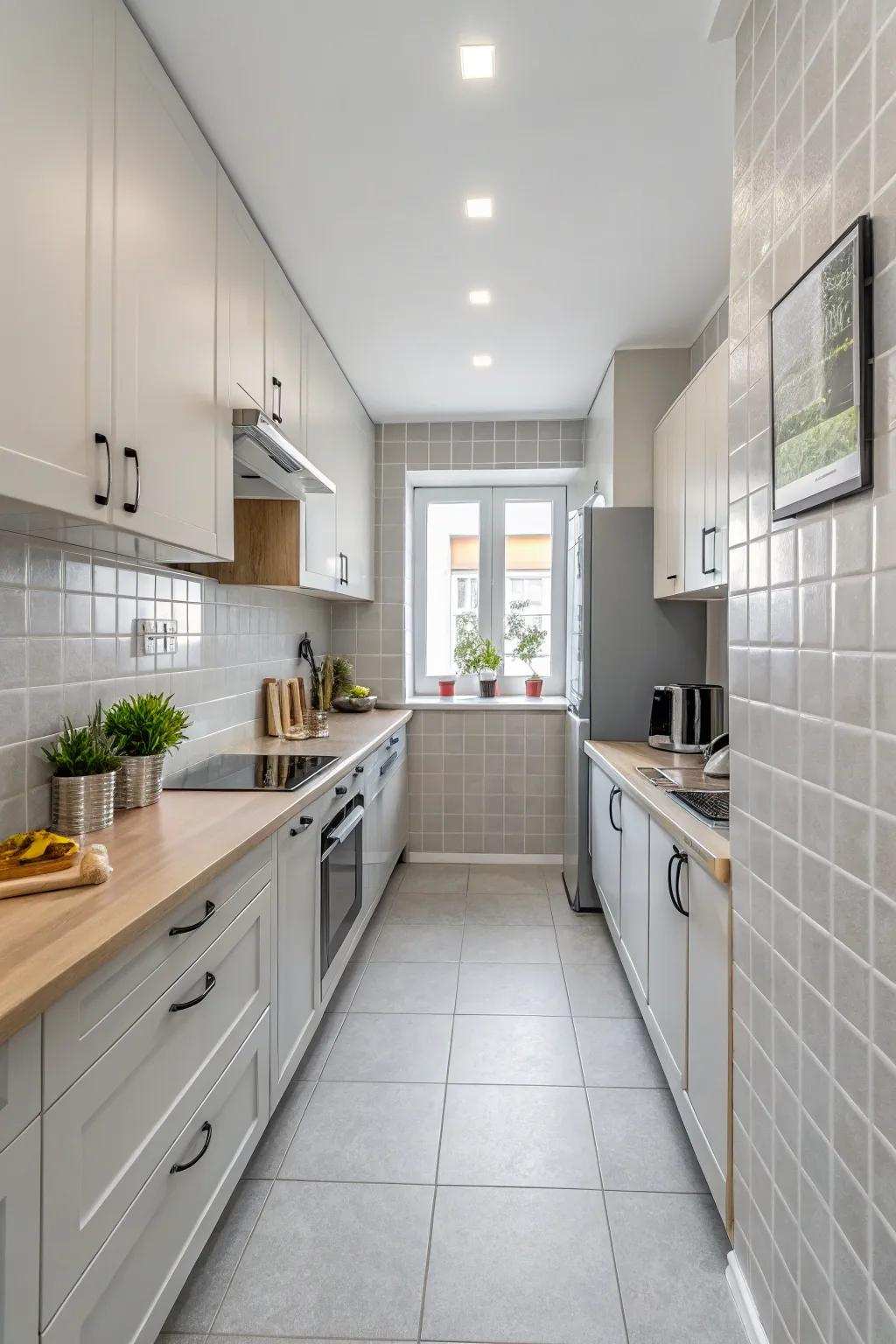 Soft gray tiles engender a neat and commodious atmosphere in this kitchen.
