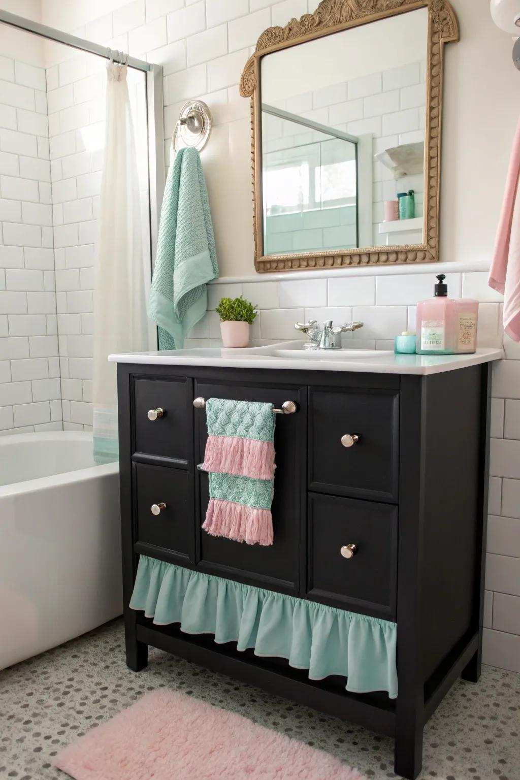 Soft hues bring a sense of lightness and playfulness to a dark-toned vanity bathroom.
