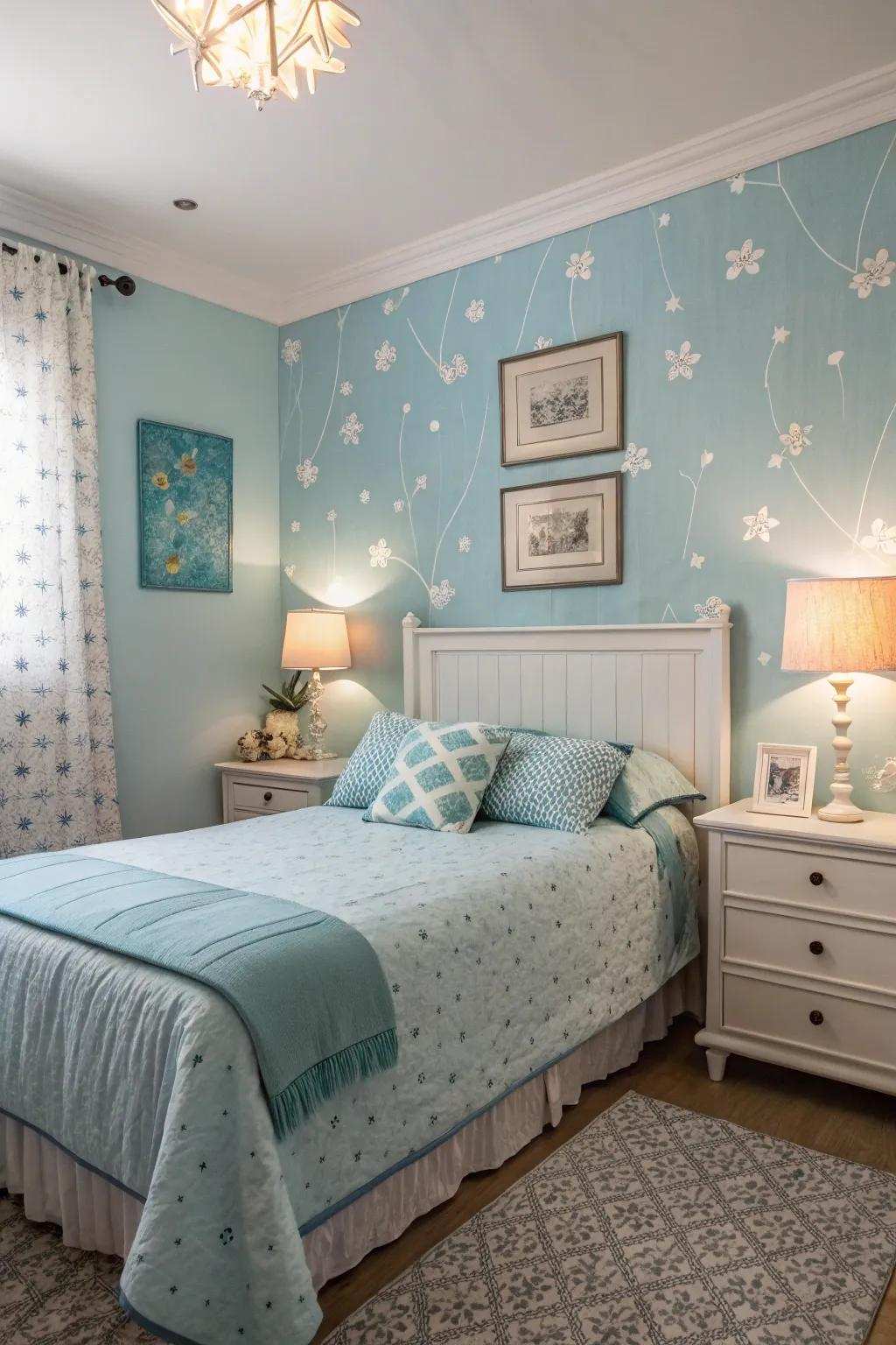 Soft lighting complements the tranquility of an azure bedroom.
