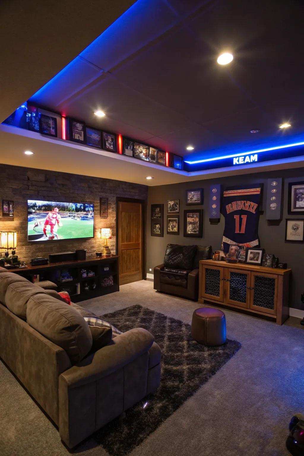 Soft lighting establishes a comforting vibe in this man cave.