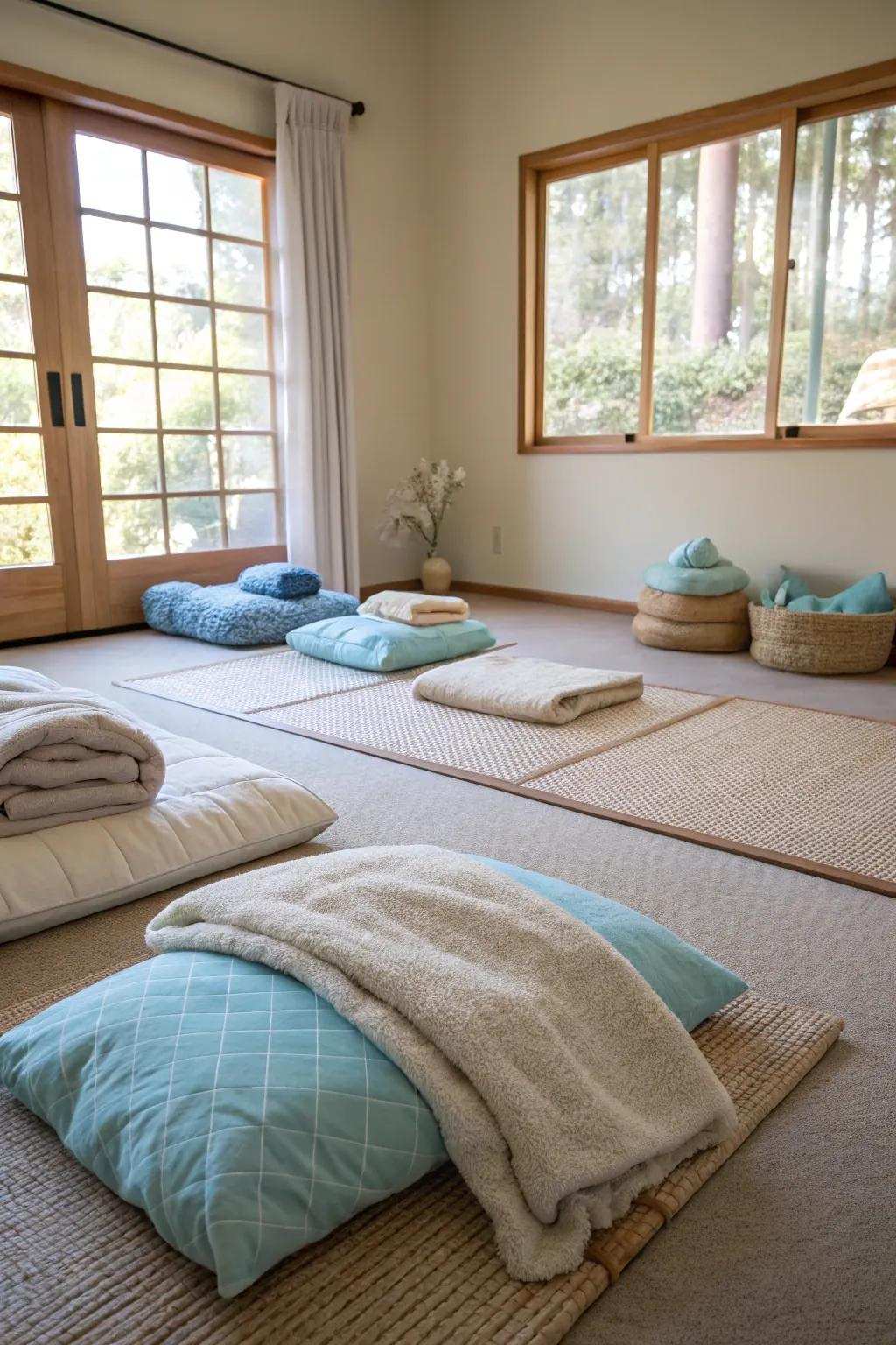 Soft textiles invite relaxation and warmth into your meditation space.