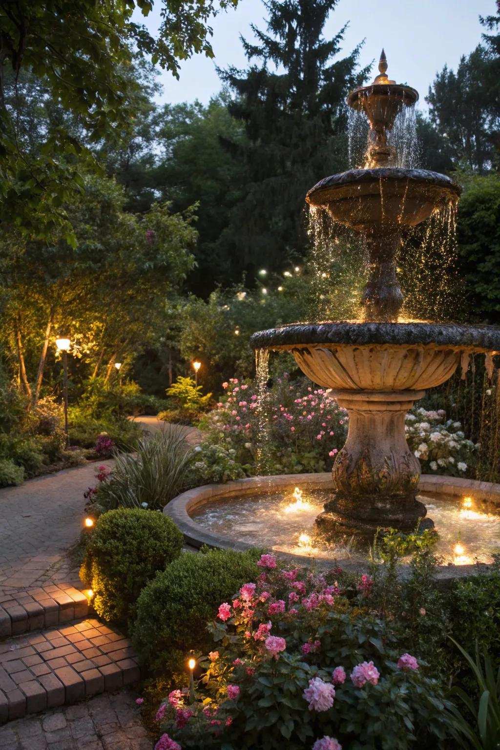 Solar lights transmute water features into breathtaking night displays.
