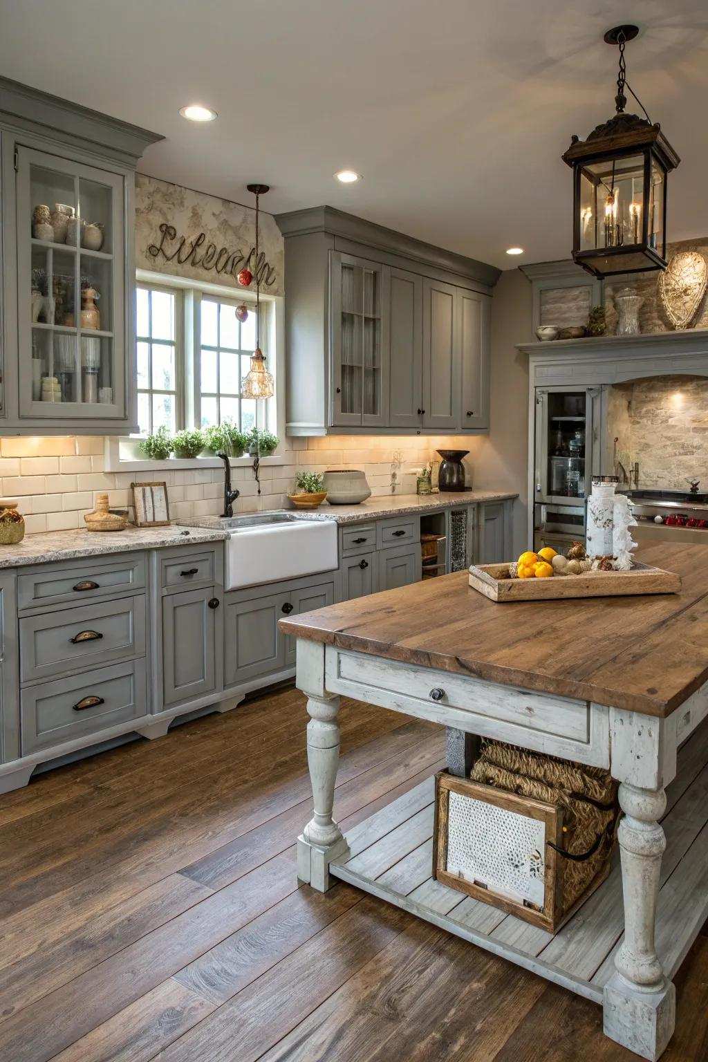 Soothing stones contribute sophistication and serenity to a farmhouse-themed kitchen.