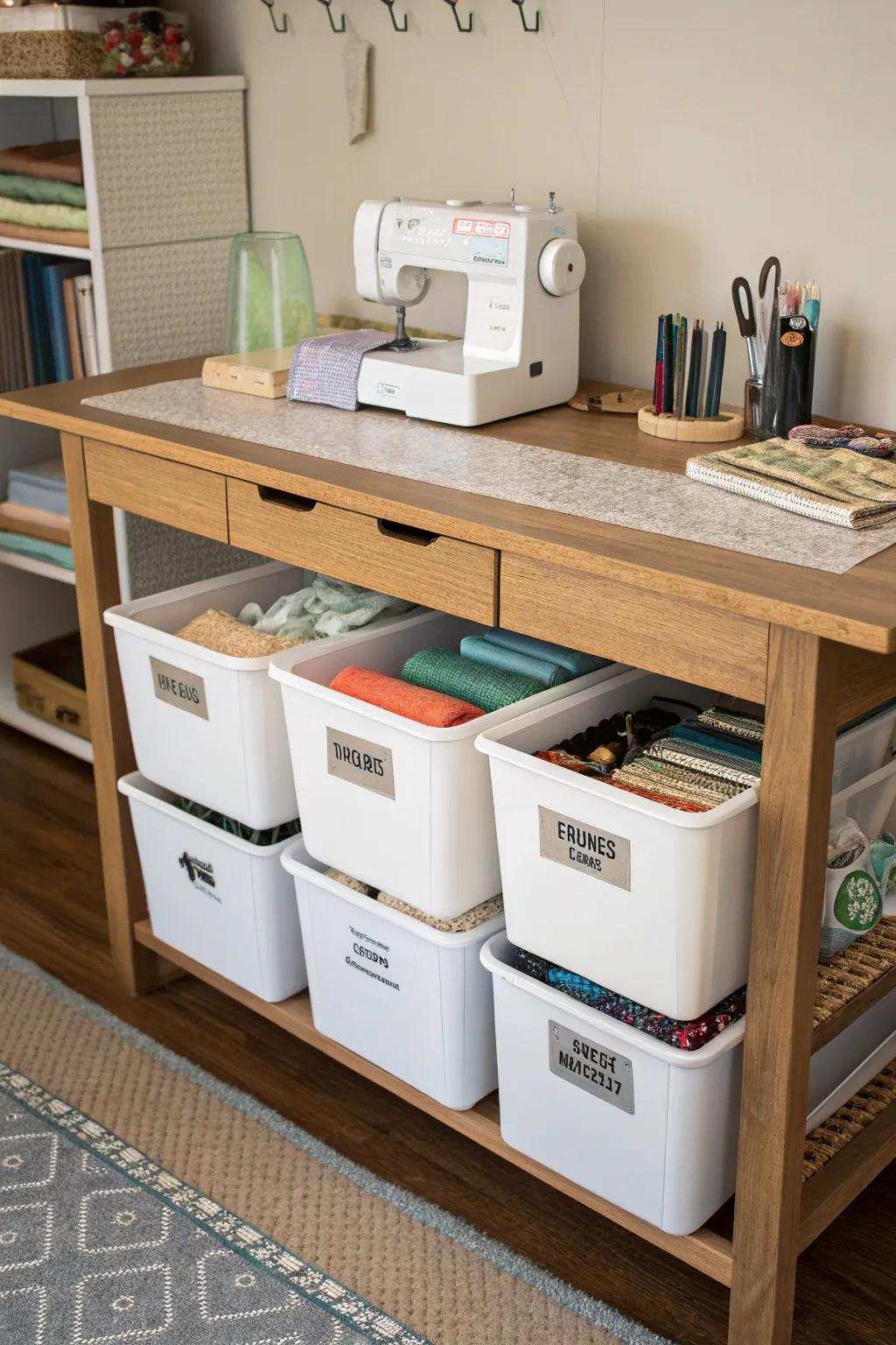 Space under the table helps keep the workspace neat.