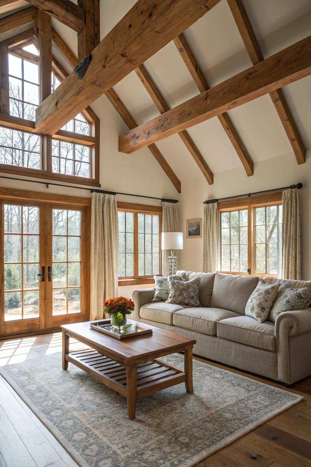 Spacious and airy family space featuring timber supports and natural light.