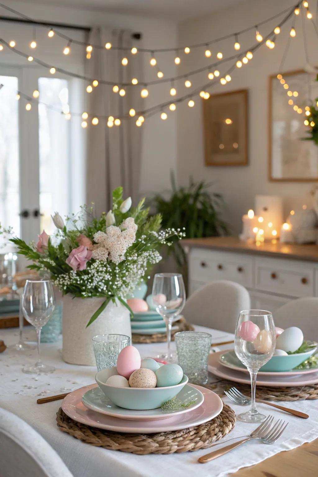 Sparkle lights add a magical hint to the dining space.