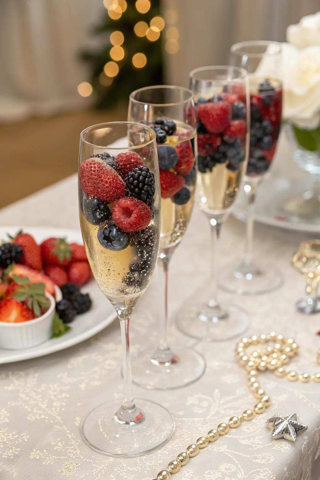 Sparkling wine flutes infused with fresh fruits for a rich toast.