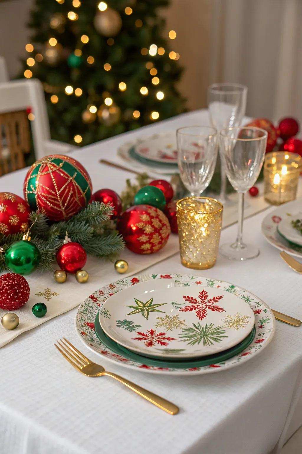 Spheres add color and whimsy to the festive table.
