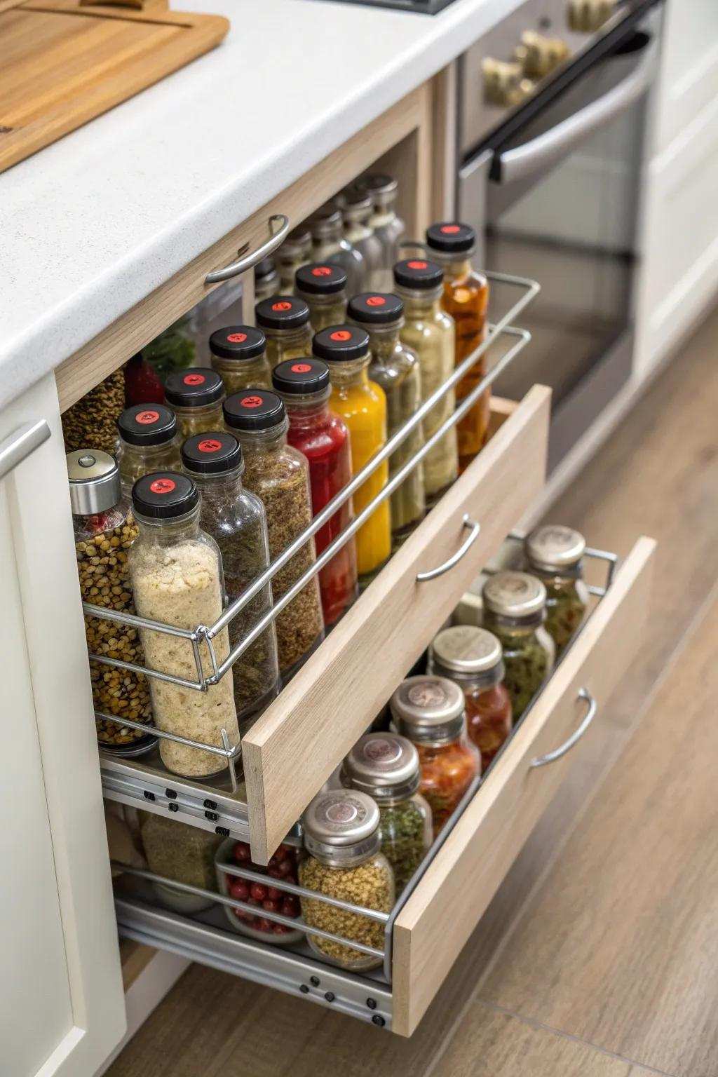 Spices neatly organized in a convenient pull-out rack.