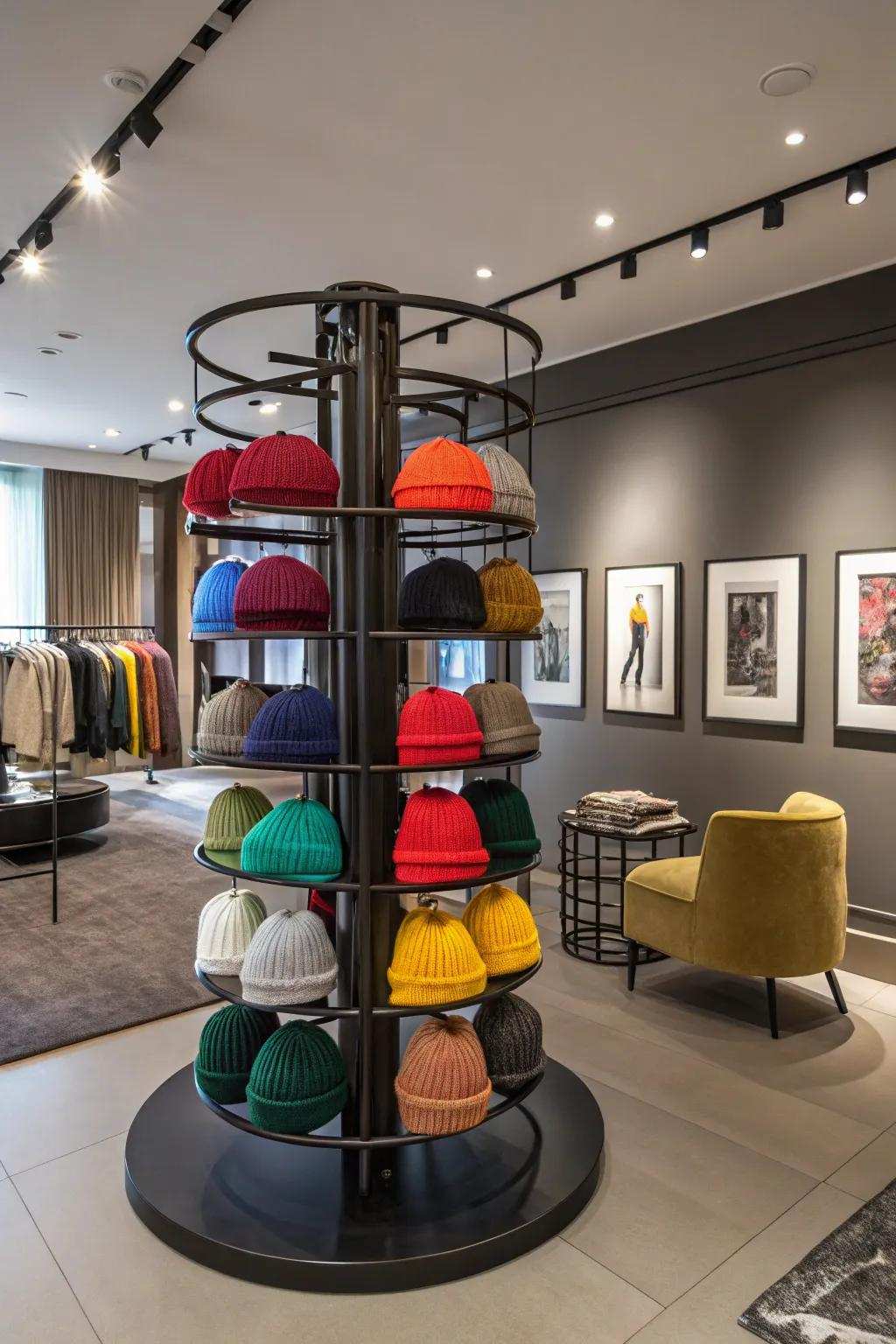 Spinning racks offer a lively display for your head huggers.