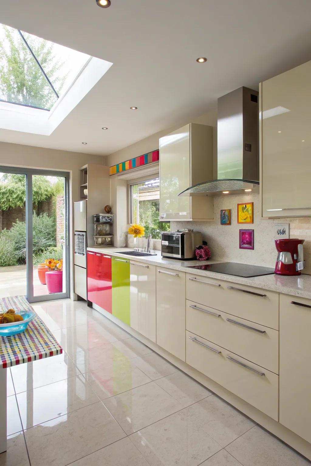 Splashes of color adding a playful twist to a cream gloss kitchen.