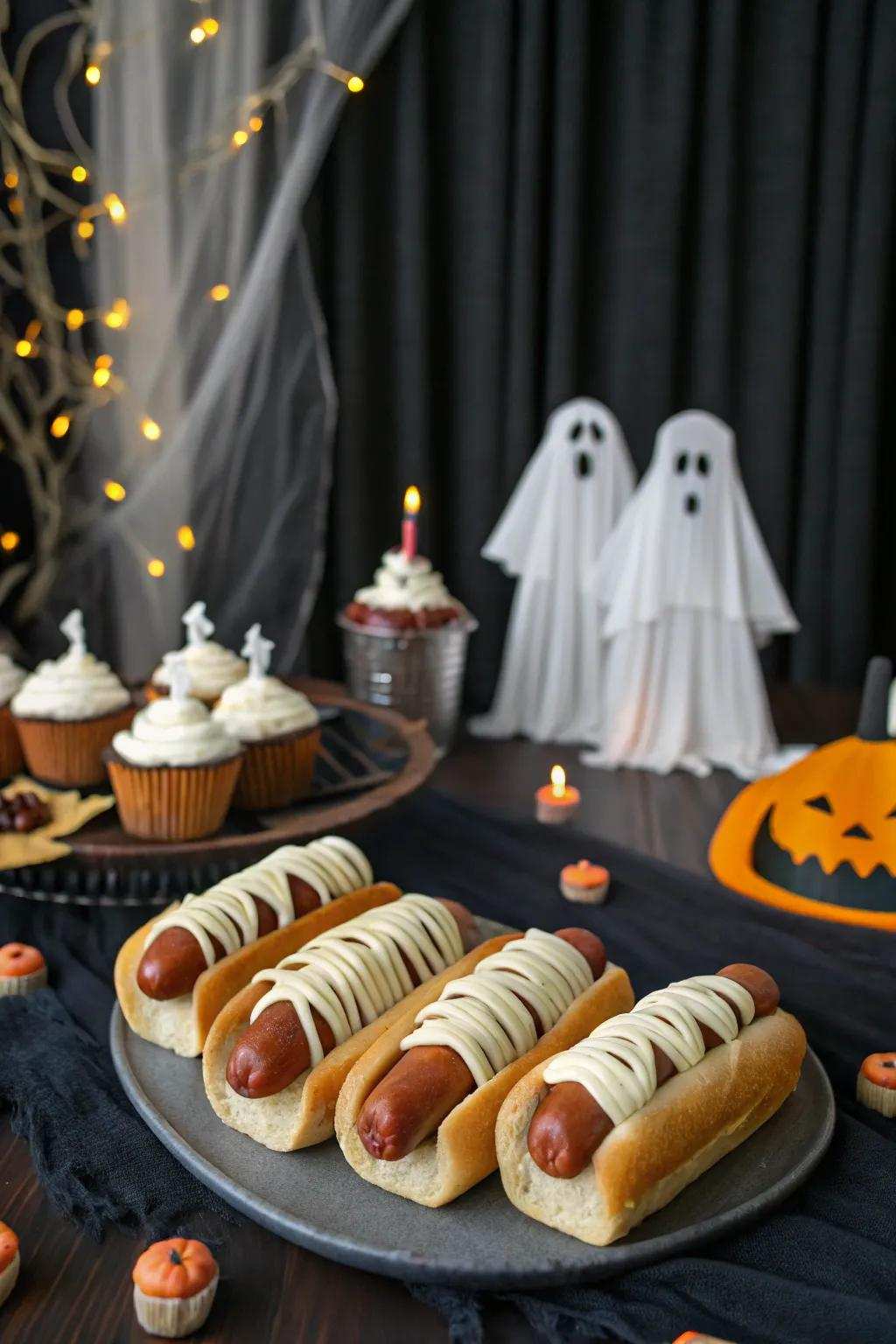 Spooky-themed goodies charm guests at a Halloween baby shower.