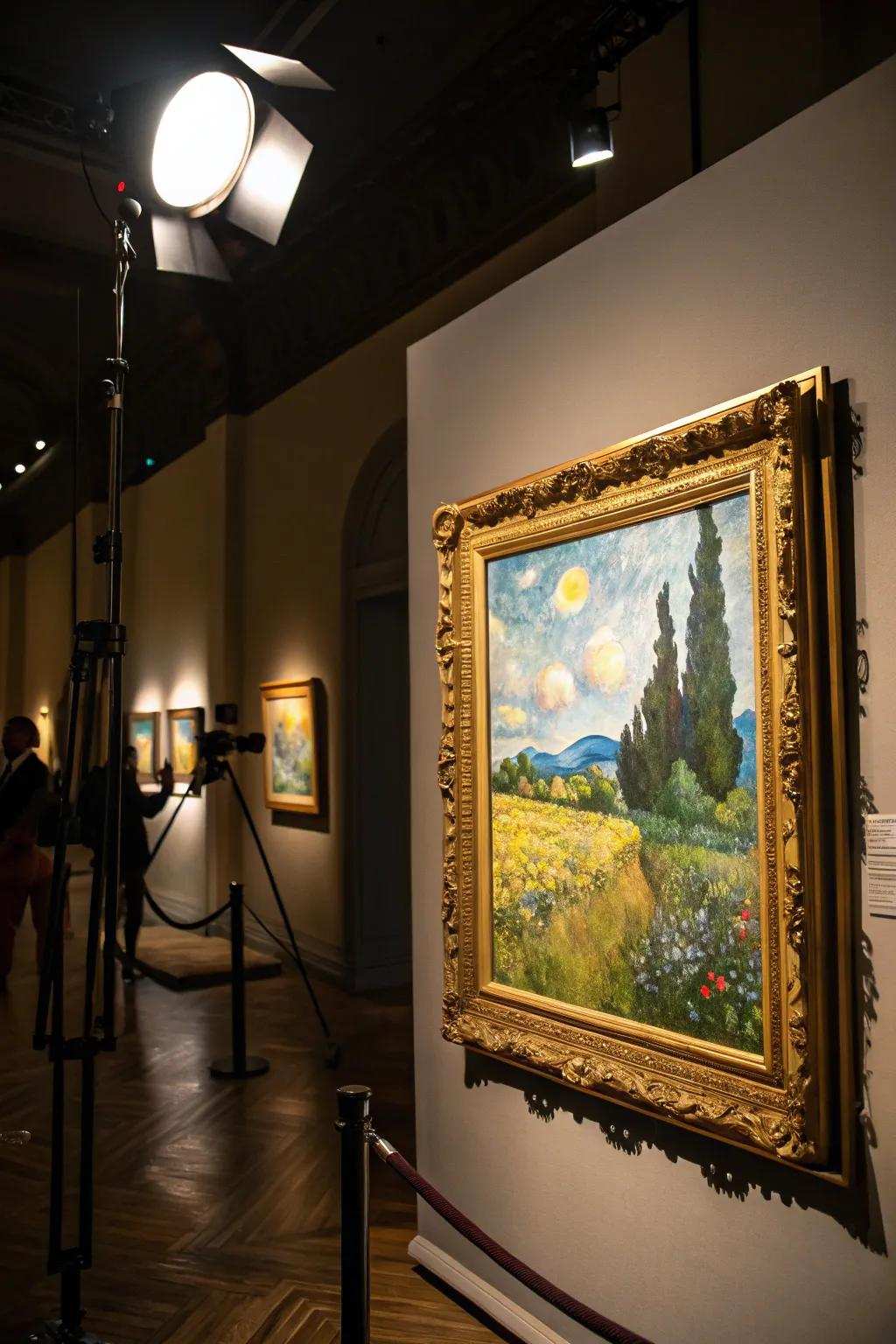 Spotlight illumination enhancing the framed painting.