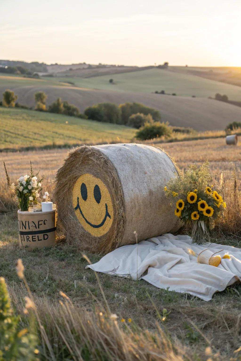 Spread grins and laughter by showcasing hay bales adorned as entertaining and expressive emoji visages.