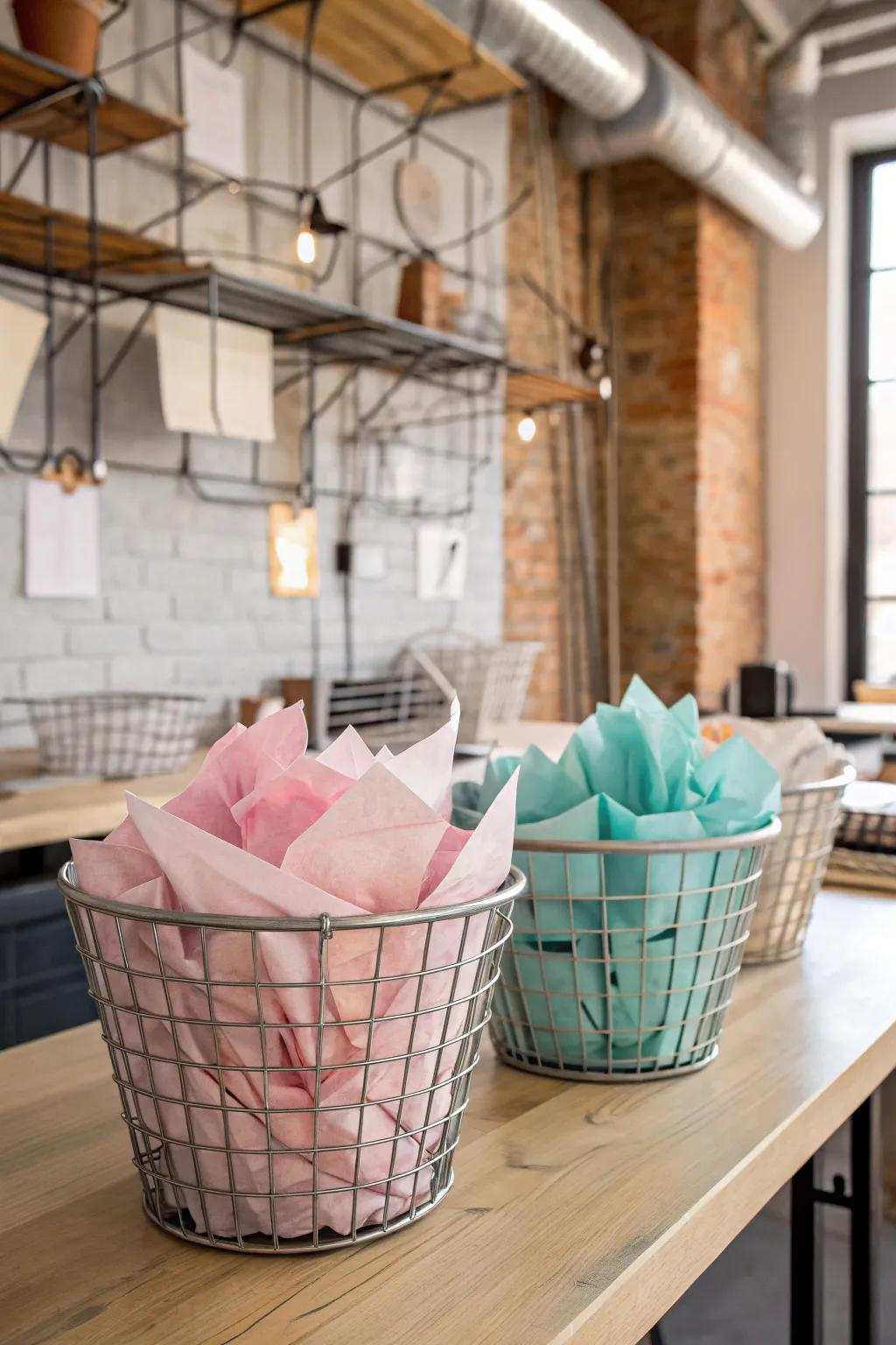 Steel baskets provide clear access to tissue paper.