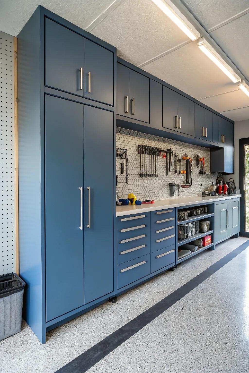 Steel blue organizers create a cool and peaceful atmosphere.