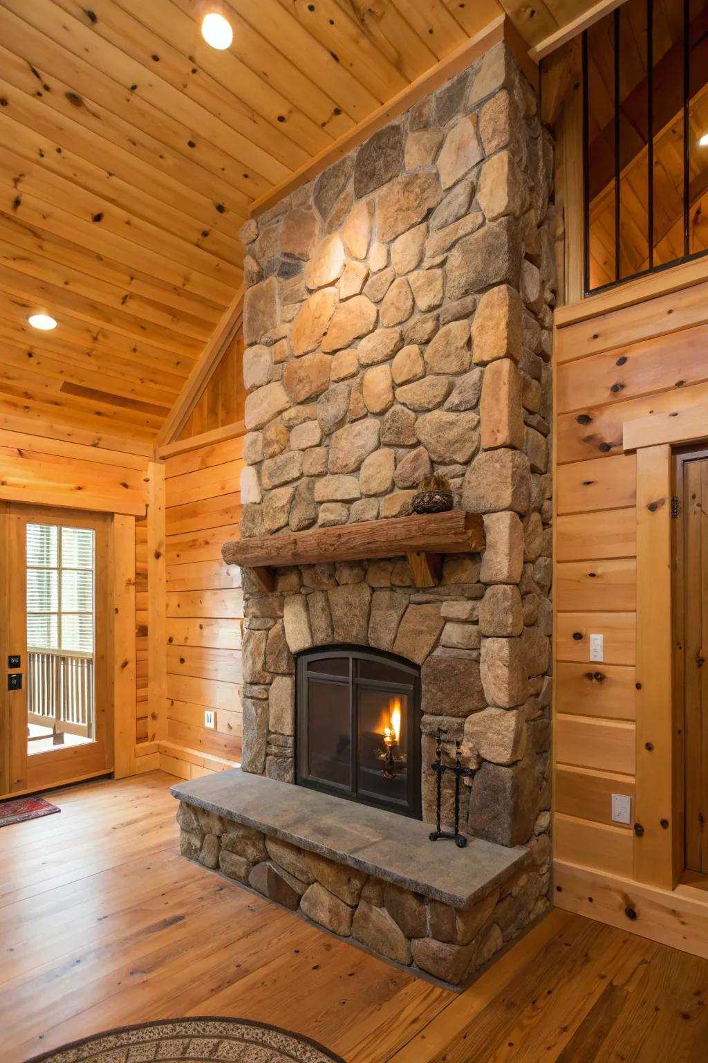 Stone fireplace coupled with pine cladding walls to give a rural allure.