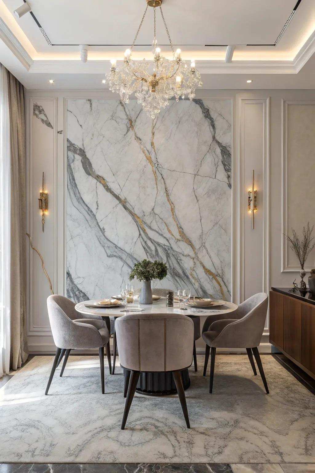 Stone-inspired fluid patterns deliver a polished and peaceful backdrop for any space.
