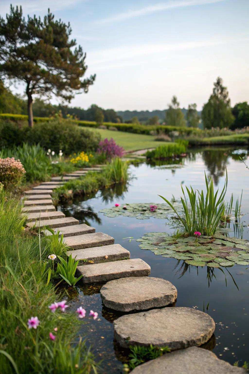 Stone slabs lead to a hidden gem of a mini pond.