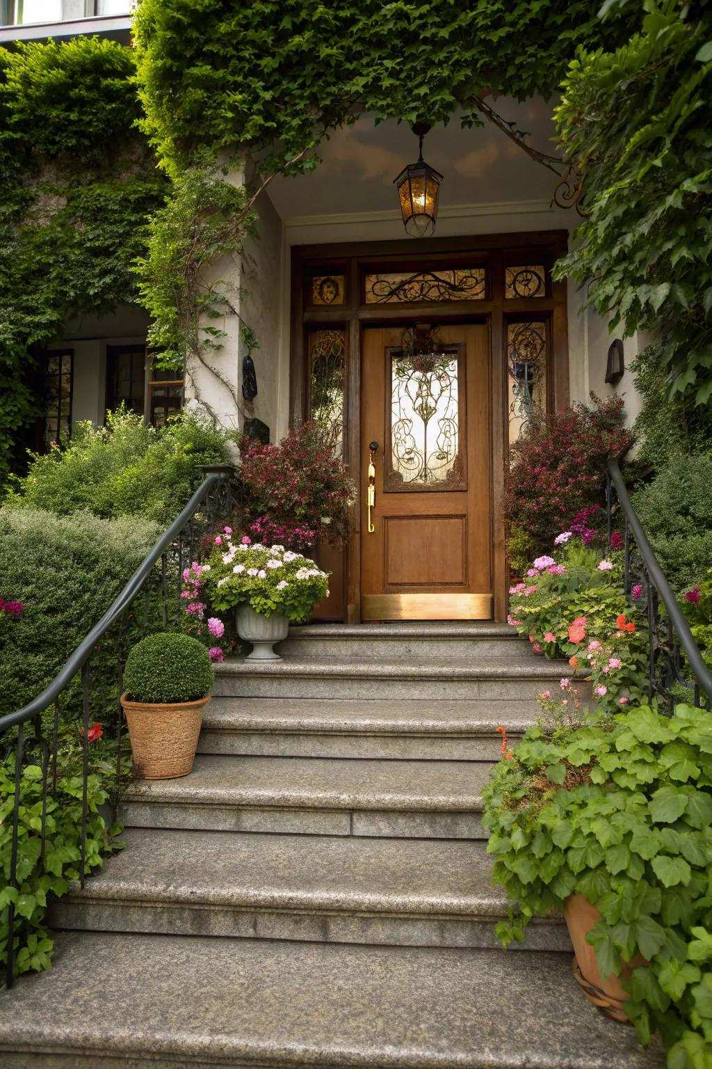 Stone steps and greenery create a natural appeal.
