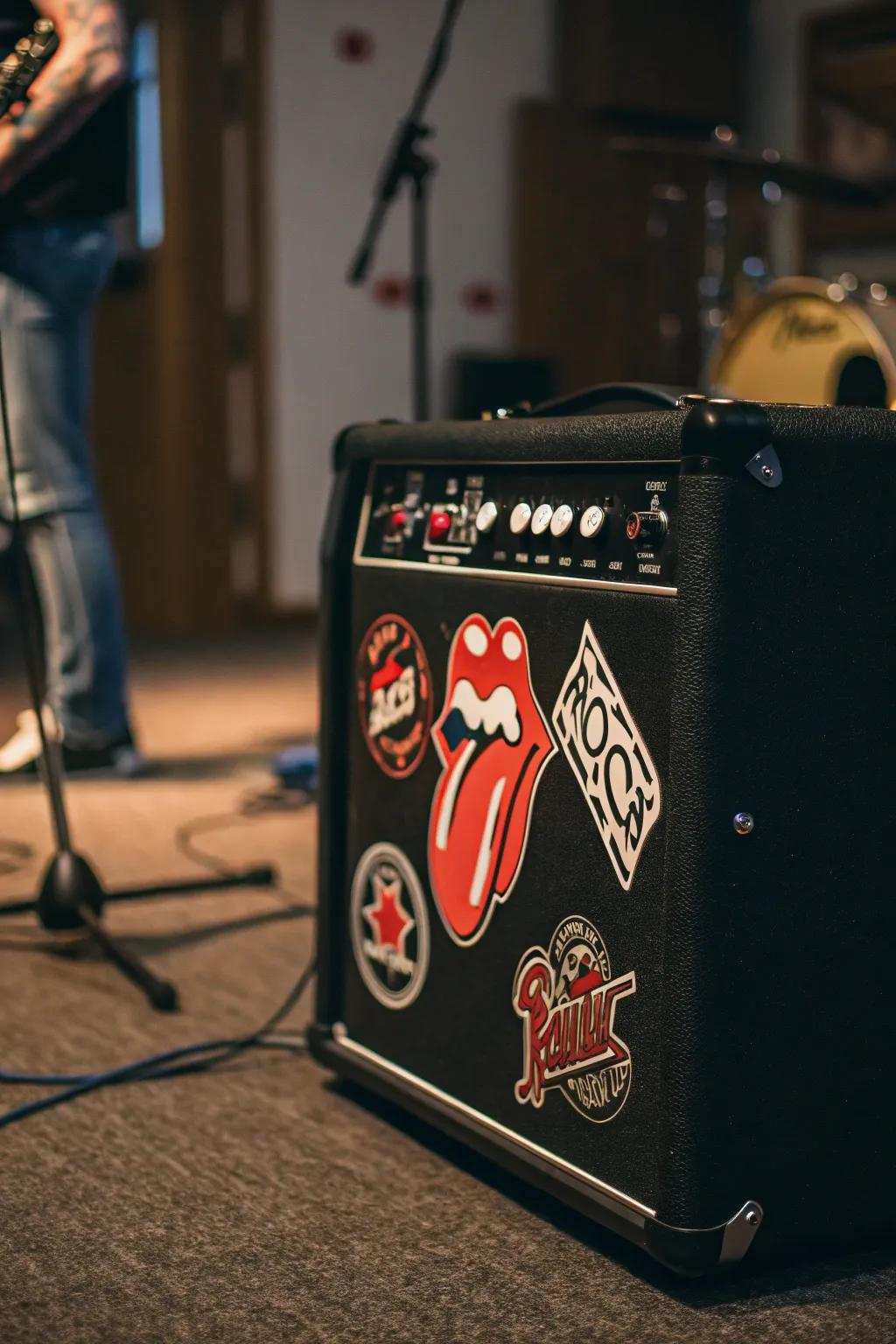 Stone themed stickers incorporating edge to a musician's apparatus.