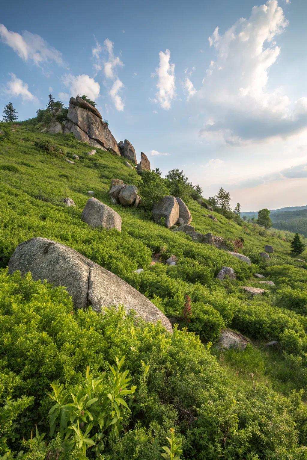 Stones and rocks enhance the stability and beauty of slopes.