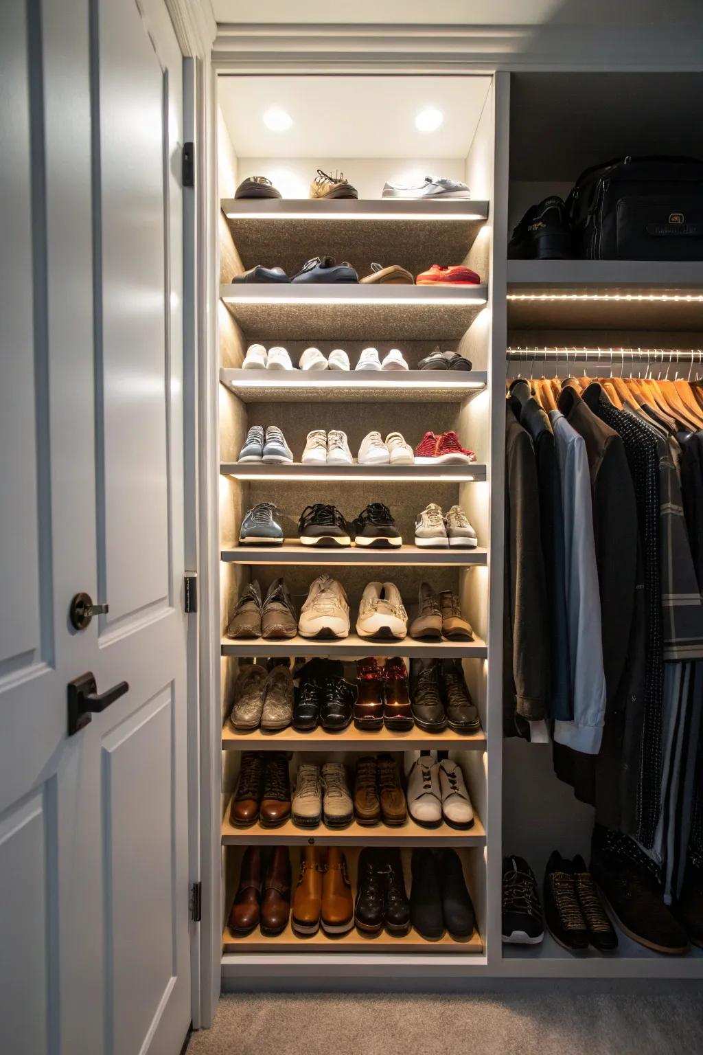 Strategic lighting enhances closet features.