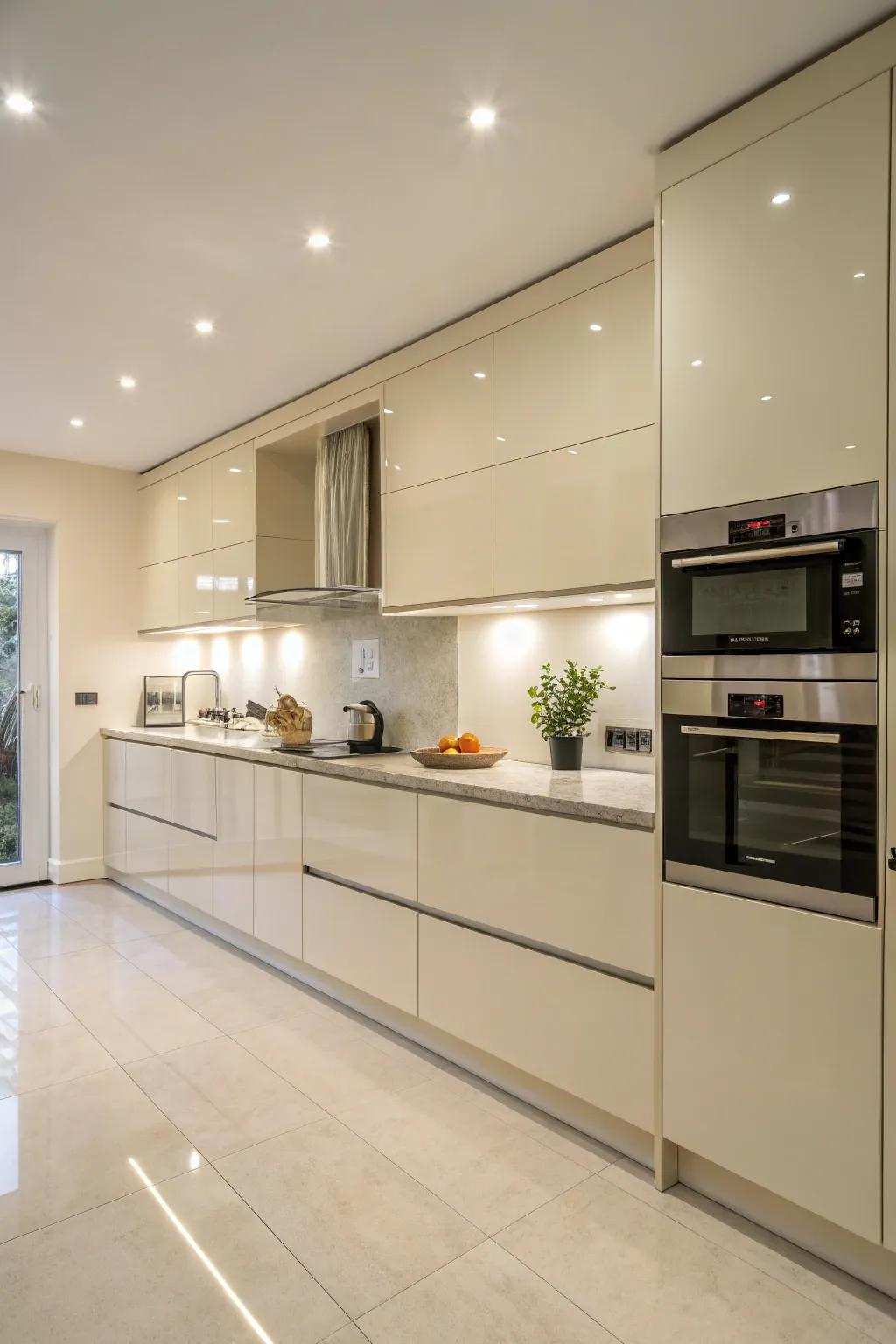 Streamlined cabinets in a cream gloss finish, providing a smooth, modern appearance.