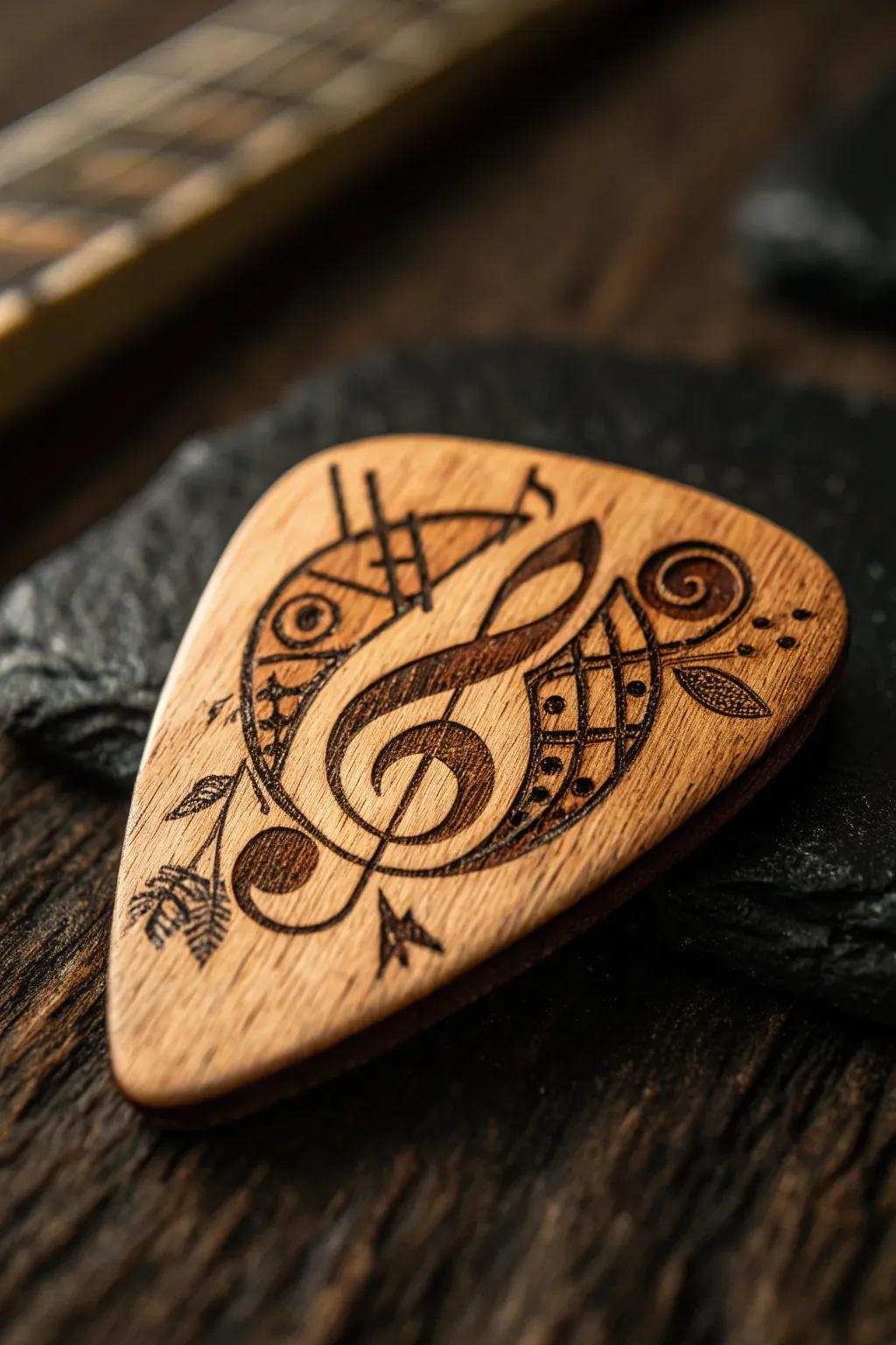 Strike a chord with handcrafted elegance: Discover the charm of wood-burned plectrums.
