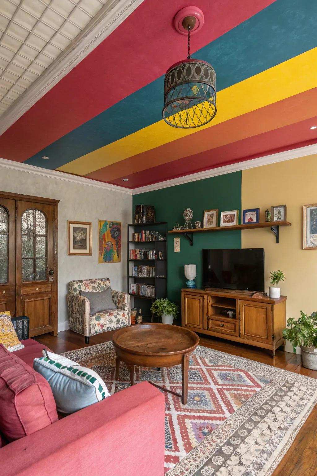 Striking colors on the ceiling create a dramatic and energetic atmosphere.