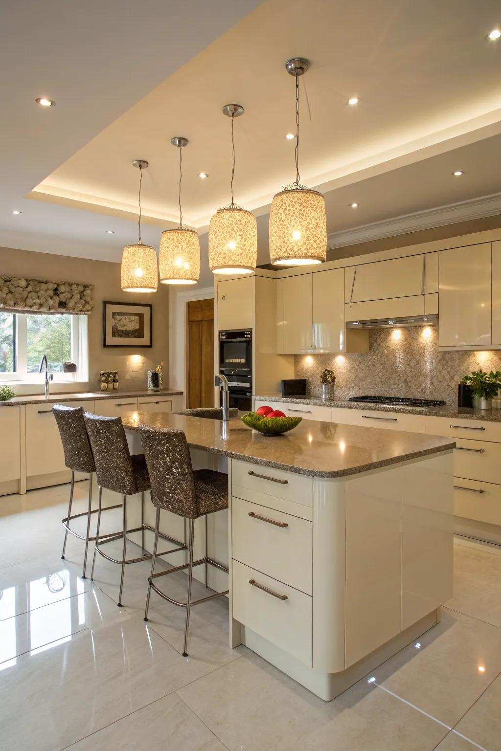 Striking hanging lights providing both style and functionality in a cream gloss kitchen.