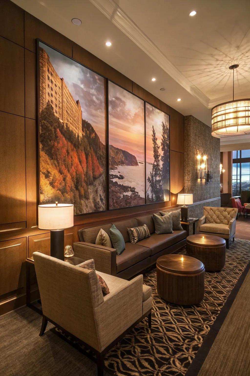 Striking wall art transforms the living room into a visual masterpiece.