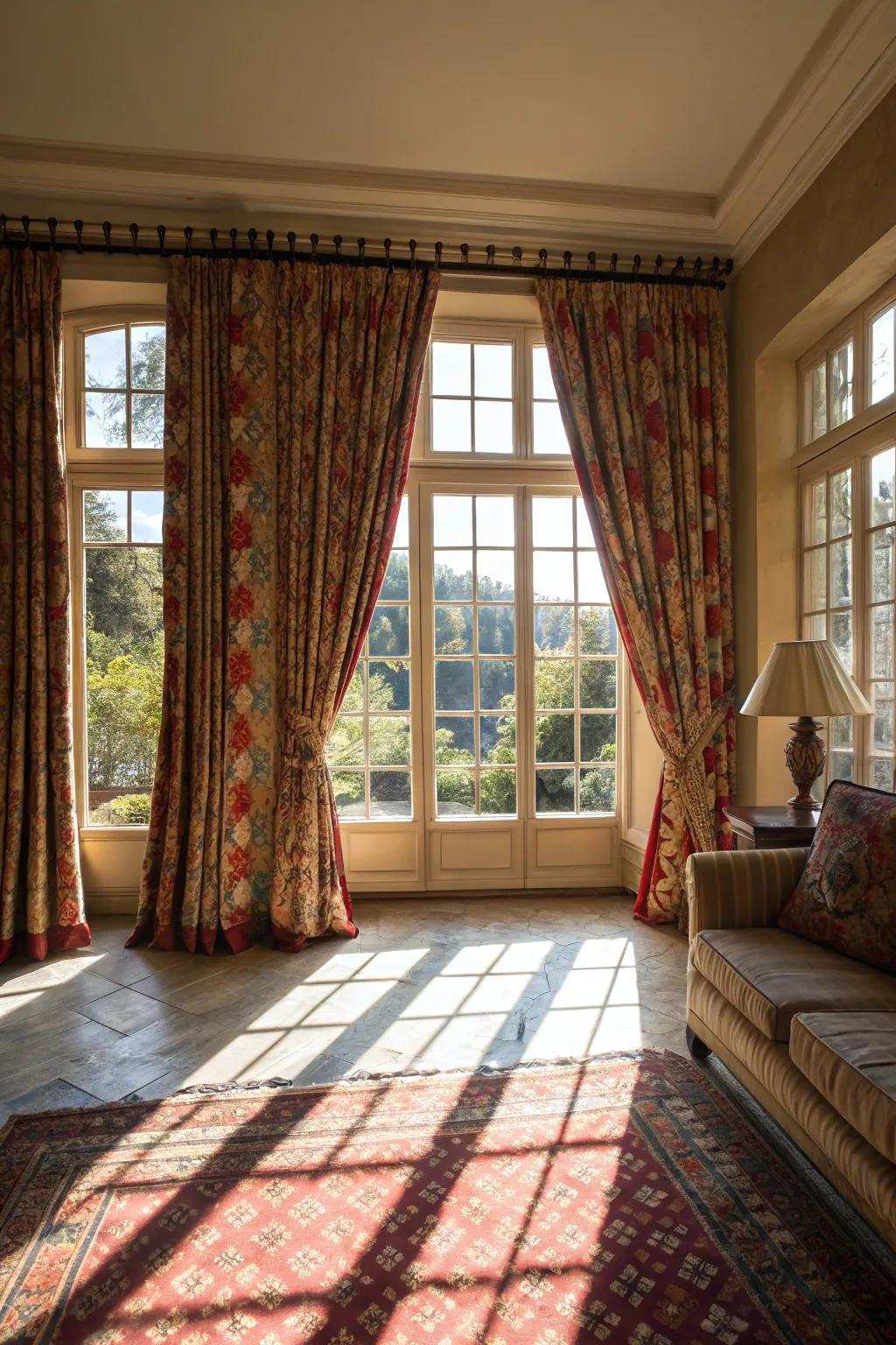 Striking window treatments add hue and personality.